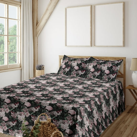 Ambesonne Nature Fitted & Flat Sheet with Shams 4 Pcs Set, Wild Exotic Flower Leaves, Calking, Pale Pink and Charcoal Grey