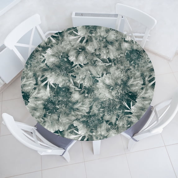 Ambesonne Nature Fitted Round Tablecloth, Abstract Floral Silhouettes, 36"- 40" Diameter, Pale Sage Green Ivory