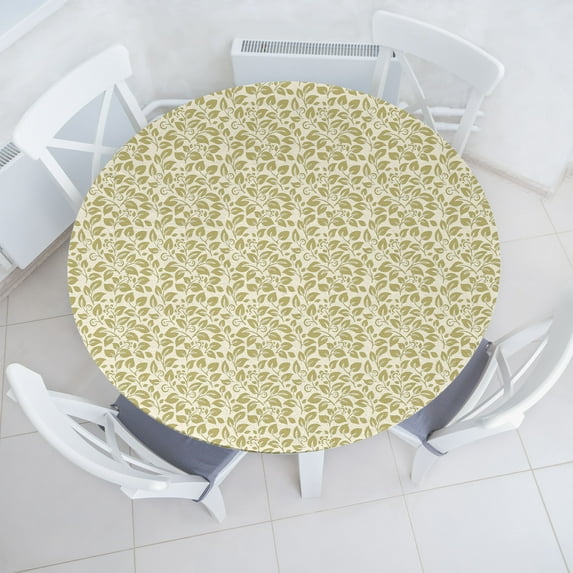 Ambesonne Nature Fitted Round Tablecloth, Leaves Botanical Style Art, 36"- 40" Diameter, Avocado Green Khaki