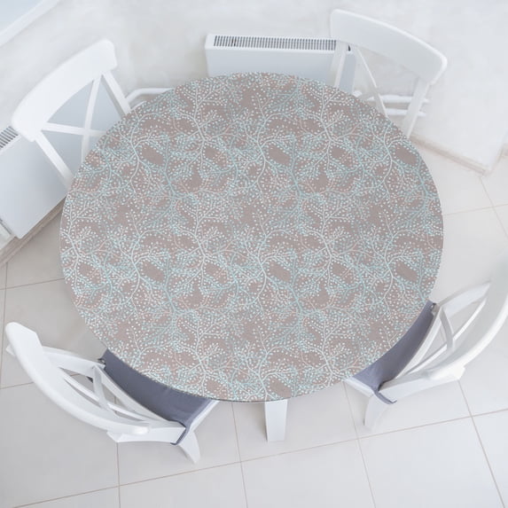 Ambesonne Nature Fitted Round Tablecloth, Swirly Branches Abstract Art, 45"- 56" Diameter, Taupe Grey and Sea Blue