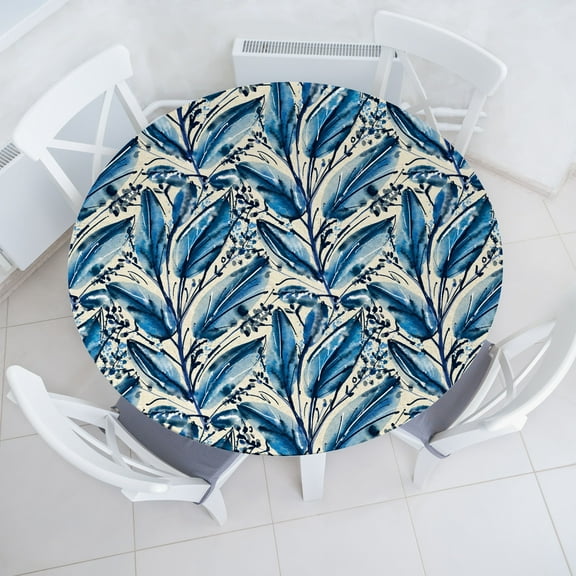 Ambesonne Nature Fitted Round Tablecloth, Vertical Watercolor Foliage, 45"- 56" Diameter, Slate Blue and Lavender