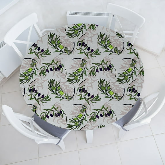 Ambesonne Nature Fitted Round Tablecloth, Vintage Olives Branches Art, 40"- 44" Diameter, Apple Green Quartz Grey
