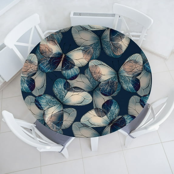 Ambesonne Nature Fitted Round Tablecloth, Wild Jungle Boho Butterfly, 40"- 44" Diameter, Dark Sky Blue Dusk