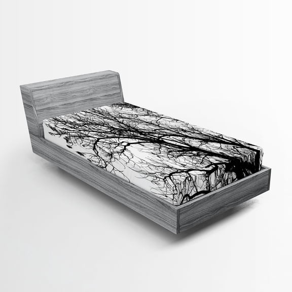 Ambesonne Nature Fitted Sheet 2 Pcs Set, Autumn Fall Tree Branch, Twin, Black and White