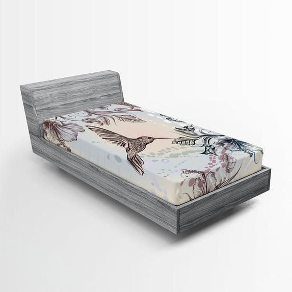 Ambesonne Nature Fitted Sheet 2 Pcs Set, Birds Hibiscus Flowers, Twin, Teal Brown