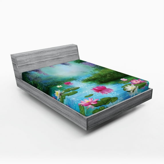 Ambesonne Nature Fitted Sheet 2 Pcs Set, Fantasy Pond Water Lily, King, Aqua Pink Green