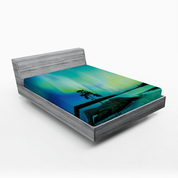 Ambesonne Nature Fitted Sheet 2 Pcs Set, Rocky Stone River, King, Teal Blue Lime Green