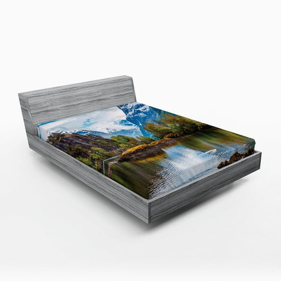 Ambesonne Nature Fitted Sheet 2 Pcs Set, Snowy Norway Mountains, Queen, Multicolor