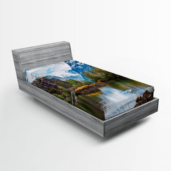 Ambesonne Nature Fitted Sheet 2 Pcs Set, Snowy Norway Mountains, Twin XL, Multicolor