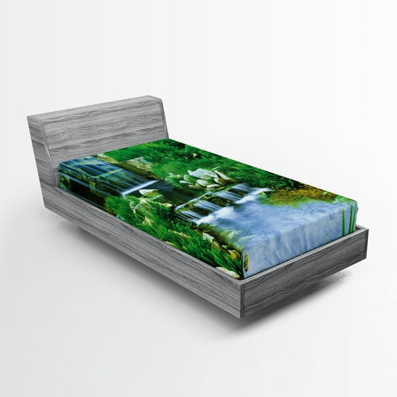 Ambesonne Nature Fitted Sheet 2 Pcs Set, Waterfall Rocks Forest, Twin XL, Fern Green Pale Blue