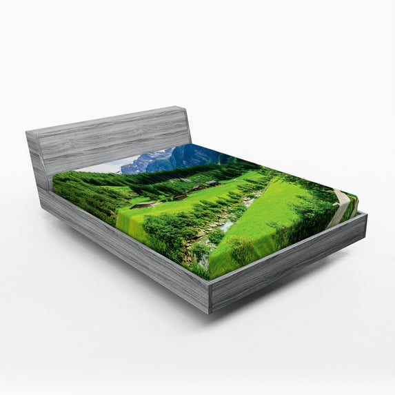 Ambesonne Nature Fitted Sheet, Alpine Scenery Pastoral, Queen Size, Green White