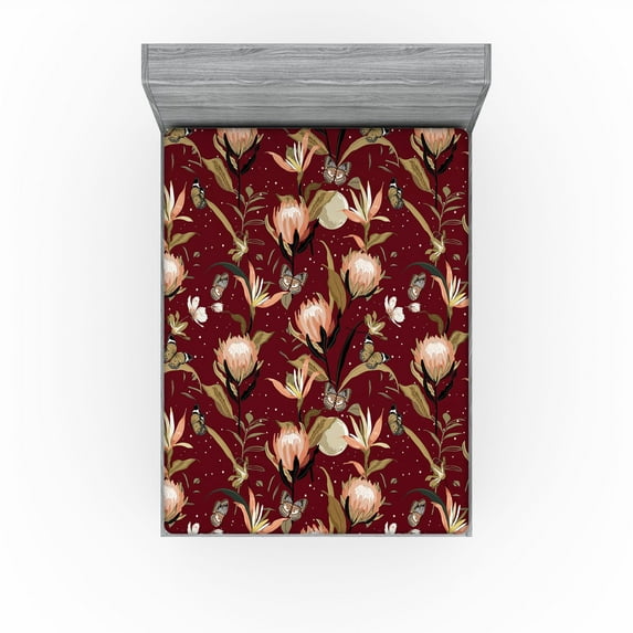 Ambesonne Nature Fitted Sheet, Art Butterfly Protea Flower, Queen Size, Pale Camel Maroon and Black