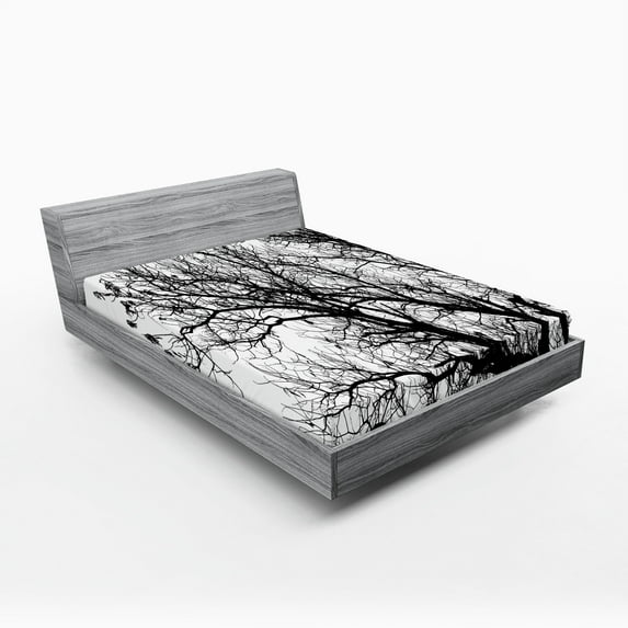 Ambesonne Nature Fitted Sheet, Autumn Fall Tree Branch, Queen Size, Black and White