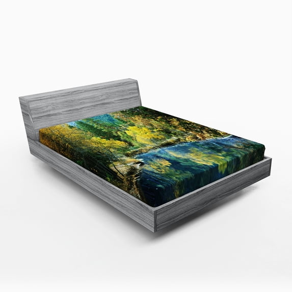 Ambesonne Nature Fitted Sheet, Autumn Forest Landscape, Full Size, Green Blue Yellow