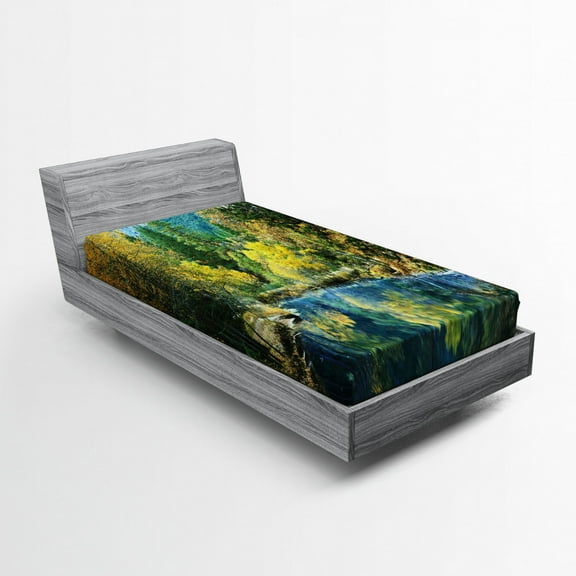 Ambesonne Nature Fitted Sheet, Autumn Forest Landscape, Twin XL Size, Green Blue Yellow