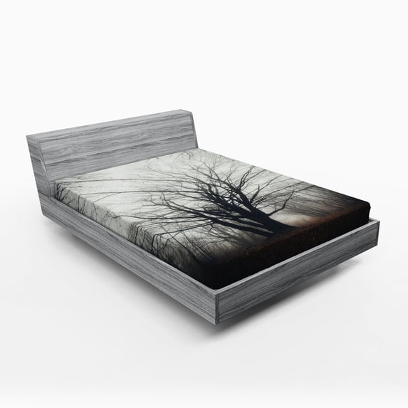 Ambesonne Nature Fitted Sheet, Autumn Tree in Fog Dark, Full Size, Grey