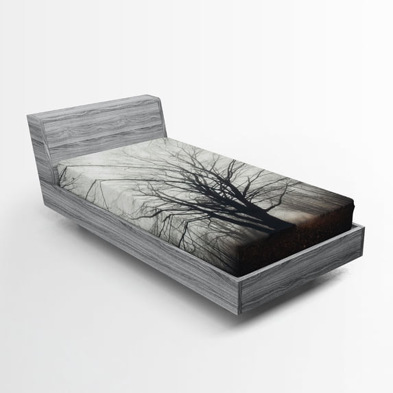 Ambesonne Nature Fitted Sheet, Autumn Tree in Fog Dark, Twin Size, Grey