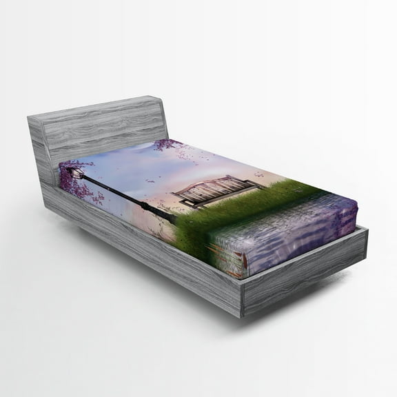 Ambesonne Nature Fitted Sheet, Bench Flowing River Moon, Twin XL Size, Multicolor