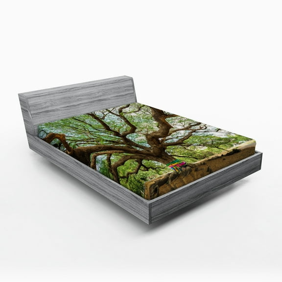 Ambesonne Nature Fitted Sheet, Big Rain Tree Thailand, Queen Size, Brown Green