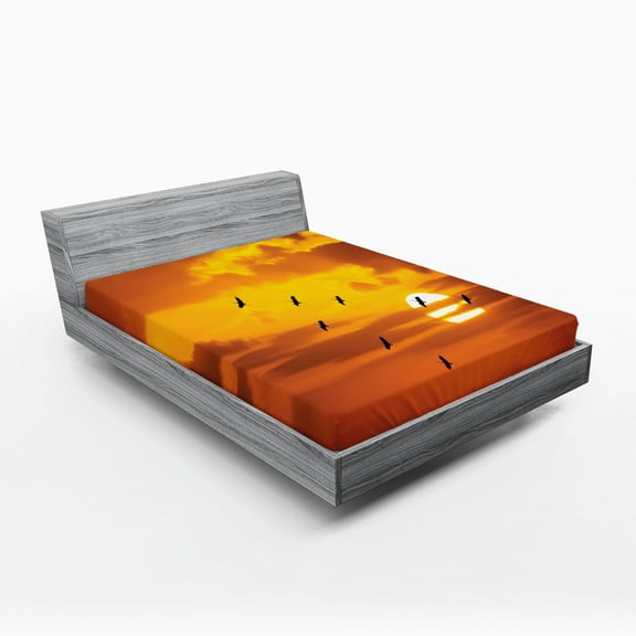 Ambesonne Nature Fitted Sheet, Birds Flying at Sunset, Queen Size, Orange