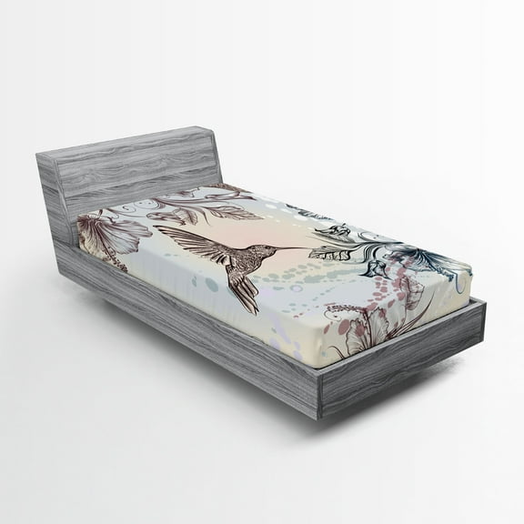 Ambesonne Nature Fitted Sheet, Birds Hibiscus Flowers, Twin Size, Teal Brown