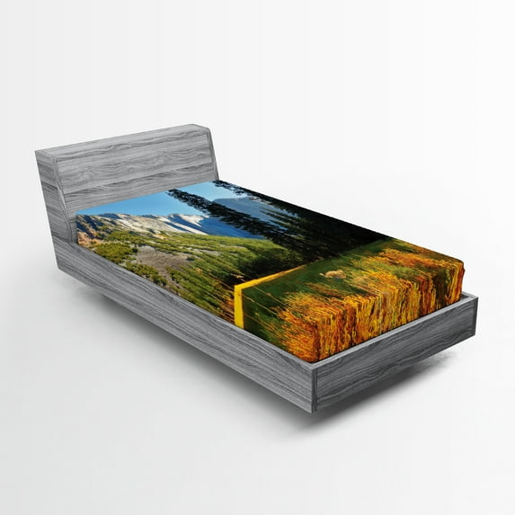 Ambesonne Nature Fitted Sheet, Birds over Mountains, Twin XL Size, Orange Blue Green