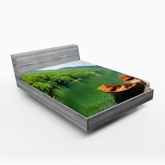 Ambesonne Nature Fitted Sheet, Boats Lake Forest Serene, Full Size, Fern Green Cinnamon