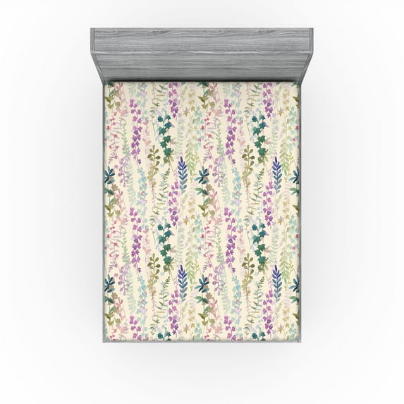 Ambesonne Nature Fitted Sheet, Botanical Watercolor Foliage, Queen Size, Pale Purple and Grey Teal