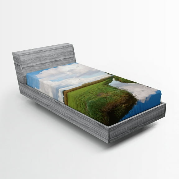 Ambesonne Nature Fitted Sheet, Calm River Meadow Trees, Twin XL Size, Green Blue White