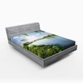 thumbnail image 1 of Ambesonne Nature Fitted Sheet, Calm River in Summer, Queen Size, Fern Green Sky Blue, 1 of 2
