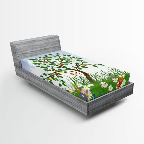 Ambesonne Nature Fitted Sheet, Cartoon Garden Colorful, Twin XL Size, Multicolor