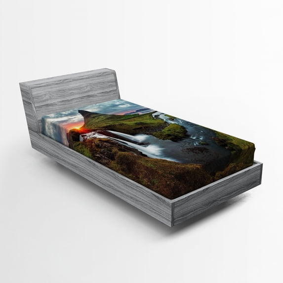 Ambesonne Nature Fitted Sheet, Cascade Stream Wildlife, Twin Size, Multicolor