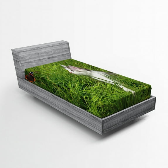 Ambesonne Nature Fitted Sheet, Cat and Butterfly, Twin Size, Fern Green White Grey