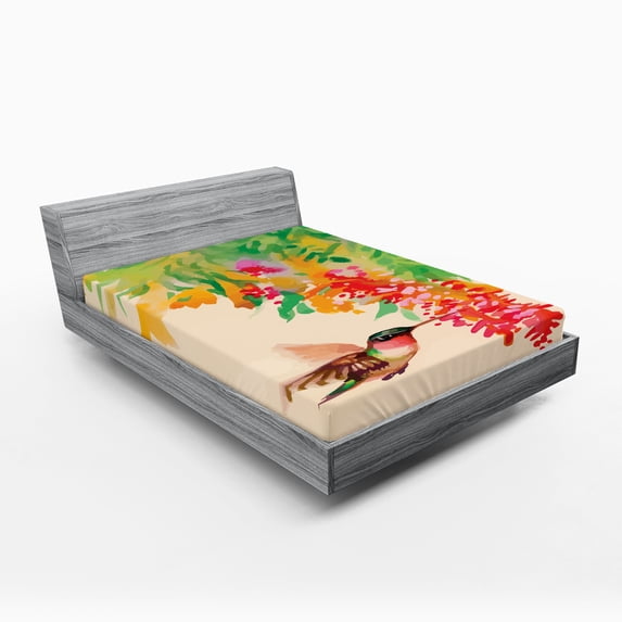 Ambesonne Nature Fitted Sheet, Colibri Exotic Tree, Full Size, Green Red Beige