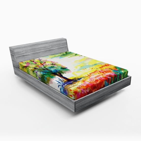 Ambesonne Nature Fitted Sheet, Colorful Rural Scenery, Queen Size, Multicolor