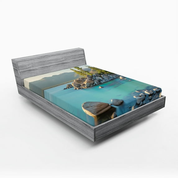 Ambesonne Nature Fitted Sheet, Countryside Lake Beach, Queen Size, Blue Grey