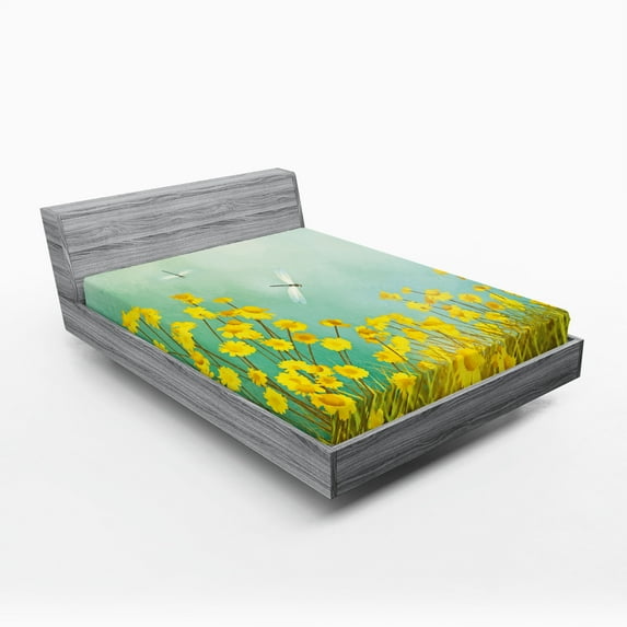 Ambesonne Nature Fitted Sheet, Daisies and Dragonflies, Queen Size, Green Yellow