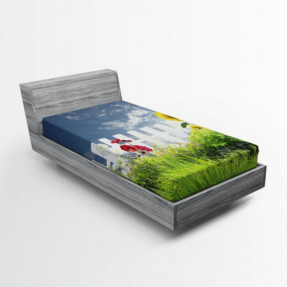 Ambesonne Nature Fitted Sheet, Daisy Flowers in Yard, Twin XL Size, White Green Blue