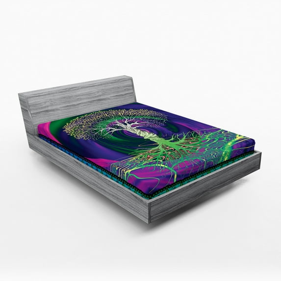 Ambesonne Nature Fitted Sheet, Digital Psychedelic Art, Full Size, Purple Fuchsia