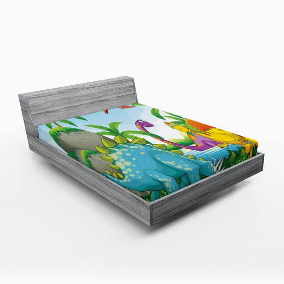 Ambesonne Nature Fitted Sheet, Dinosaurs in the Jungle, Queen Size, Multicolor