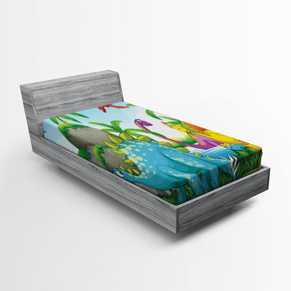 Ambesonne Nature Fitted Sheet, Dinosaurs in the Jungle, Twin Size, Multicolor