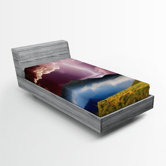 Ambesonne Nature Fitted Sheet, Earth Storm Rays Rural, Twin XL Size, Green Pink Blue