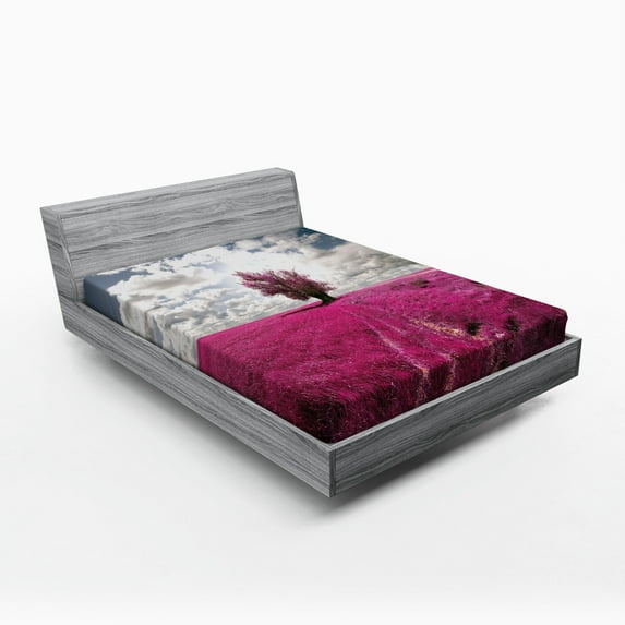 Ambesonne Nature Fitted Sheet, Enchanted Oniric Meadow, Queen Size, Fuchsia Petrol Blue