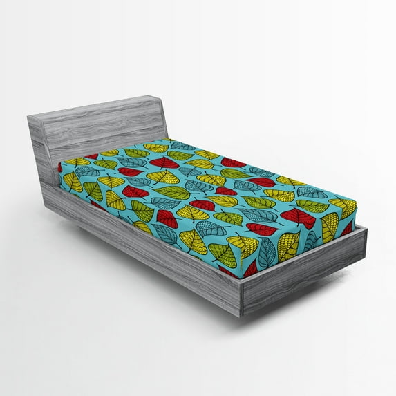 Ambesonne Nature Fitted Sheet, Falling Leaves on Blue, Twin XL Size, Multicolor