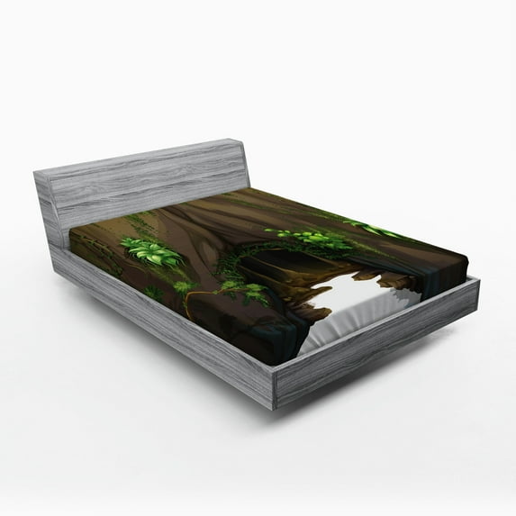 Ambesonne Nature Fitted Sheet, Fantasy Tree Cave Moss, Full Size, Fern Green Chocolate
