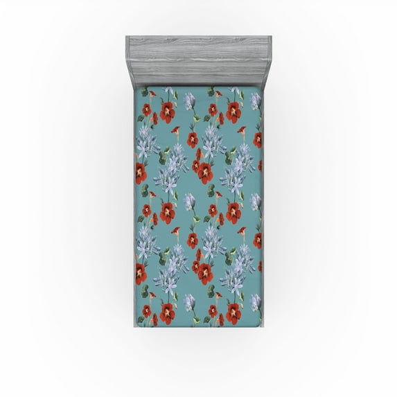 Ambesonne Nature Fitted Sheet, Fashion Vintage Flora Art, Twin Size, Burnt Orange and Grey Teal