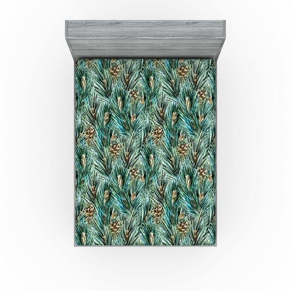 Ambesonne Nature Fitted Sheet, Fir Leaves and Cones Art, Queen Size, Hunter Green Fawn Umber