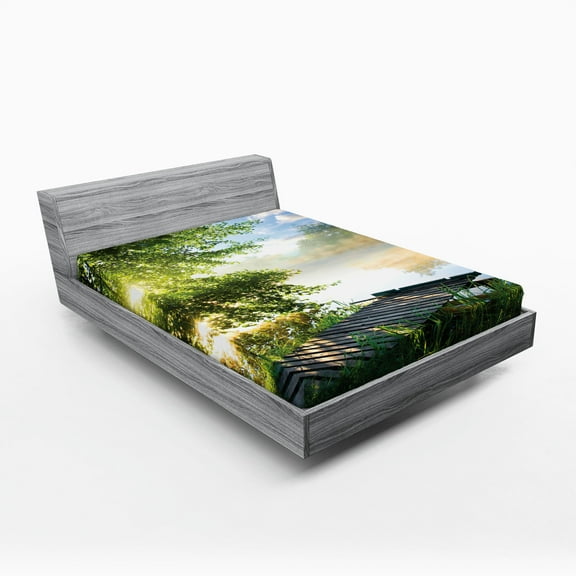 Ambesonne Nature Fitted Sheet, Fishing Pier by River, Full Size, Green Blue White