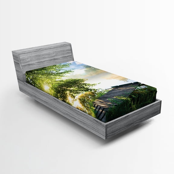 Ambesonne Nature Fitted Sheet, Fishing Pier by River, Twin Size, Green Blue White