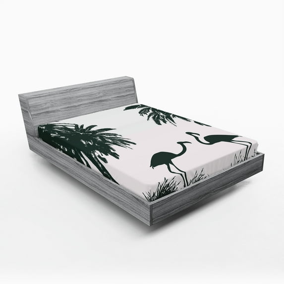 Ambesonne Nature Fitted Sheet, Flamingos and Palm Trees, Queen Size, Pale Mauve Black